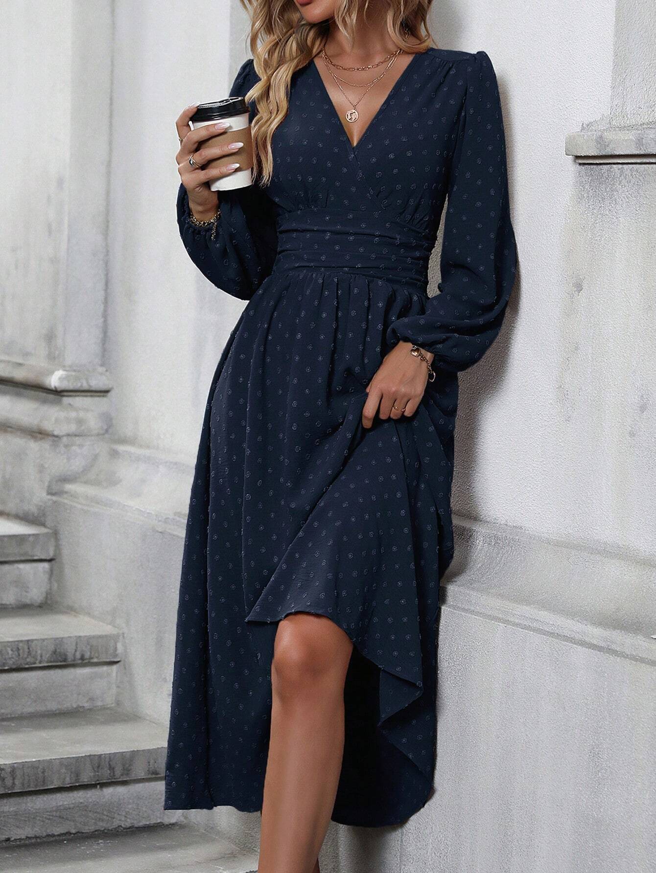 Women's Diagonal Collar Lantern Sleeve Elegant Slimming Dress