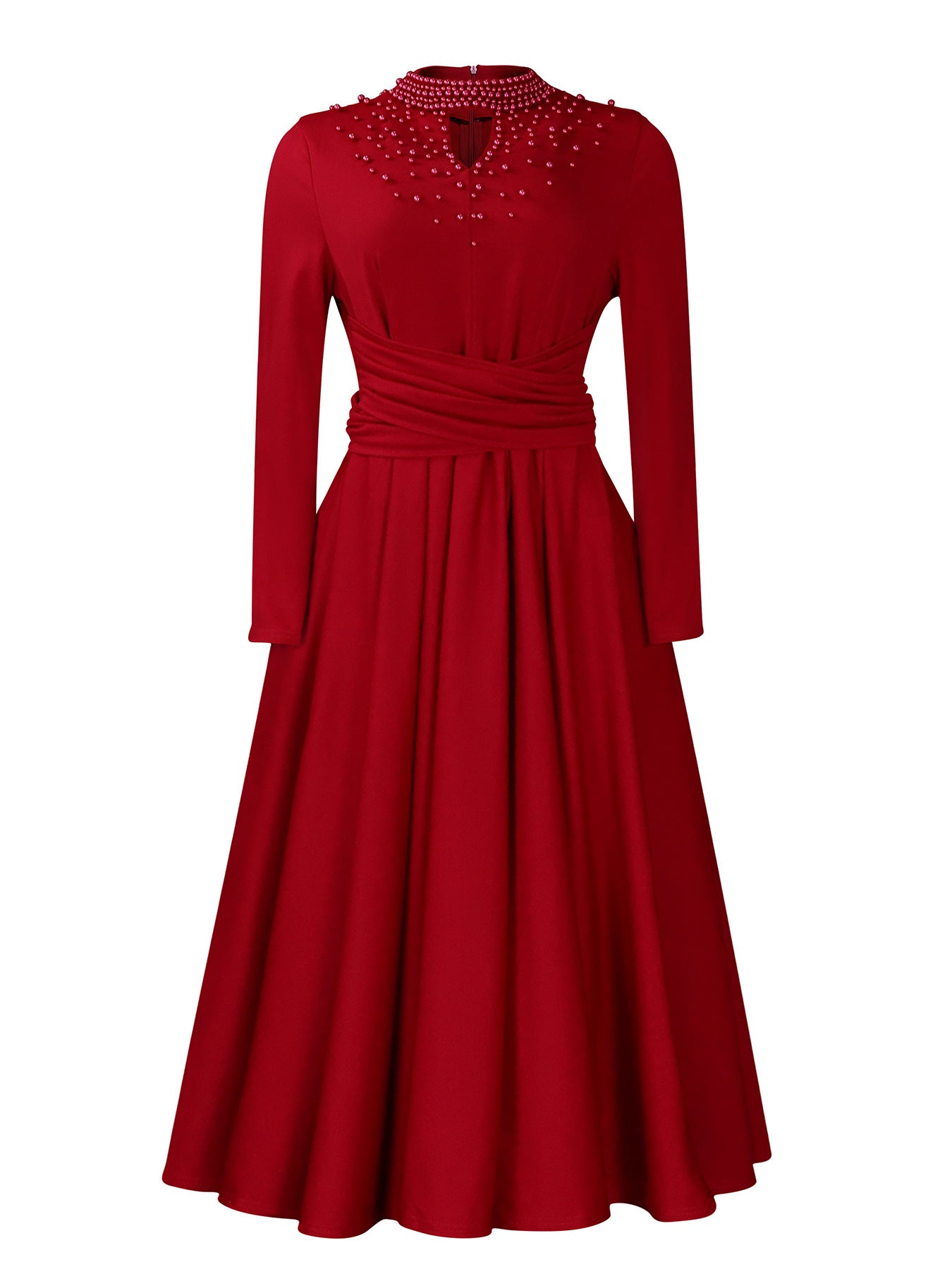 Women's Fashion High Collar Elegant Beaded Formal Swing Waist Dress