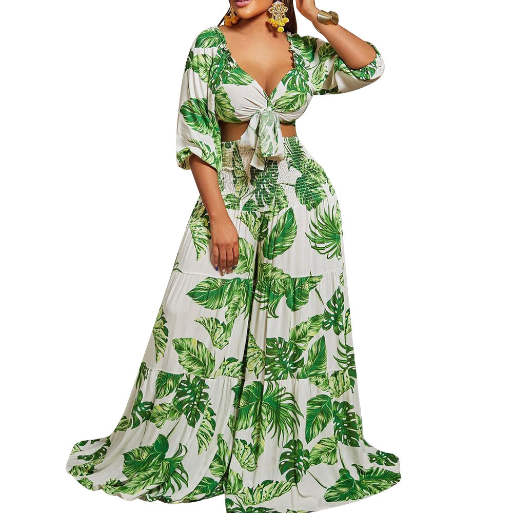Printed Tied Wide Leg Two-piece Set Fashion Casual Suit