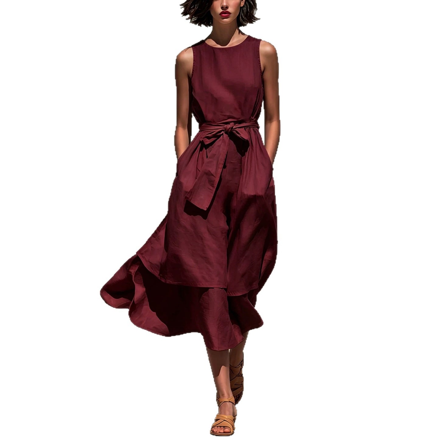 Sleeveless Round Neck Tied Waist Irregular Swing Dress