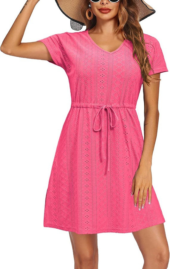 Women's Summer Cinched Short-sleeved Beach Dress Dresses
