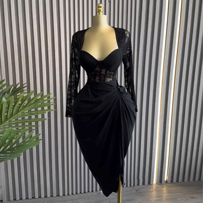 Women's Elegant Square Collar Lace Long Sleeve High Dresses