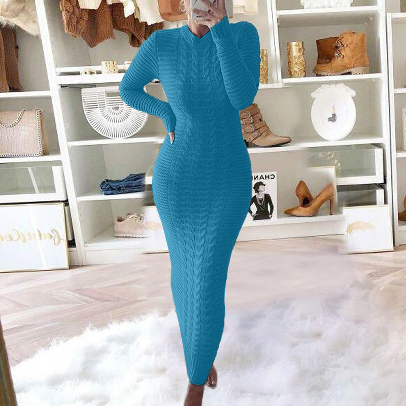 Charming Women's Fashion Twist Long-sleeved Woolen Dress