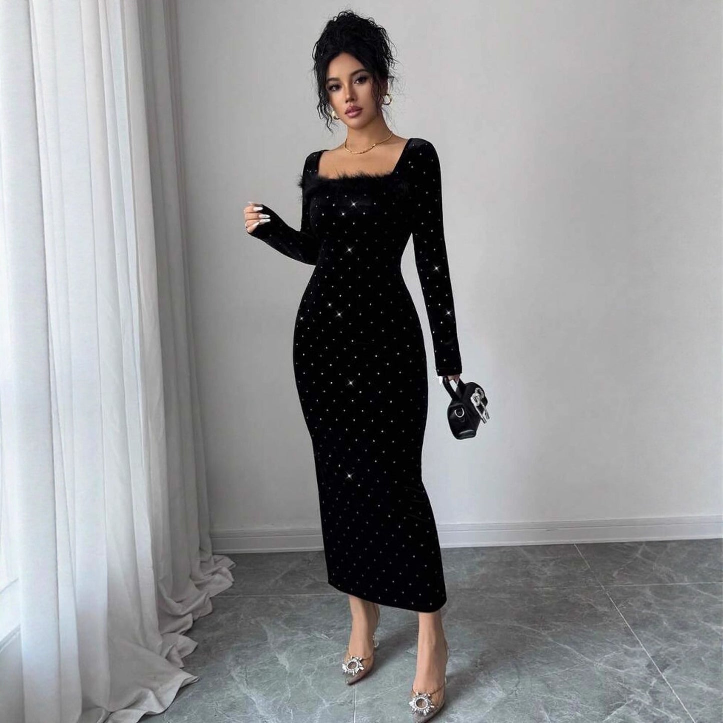 Women's Diamond Veet Cinched Slim Fit Long Dress