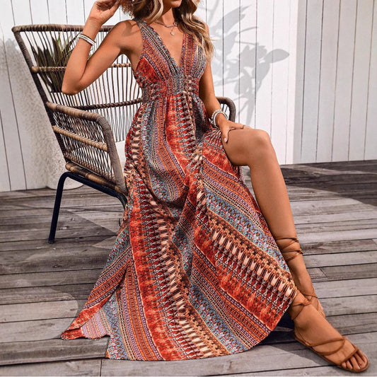 Women's Summer Fashion Sexy Deep V Sleeveless Backless Beach Dresses