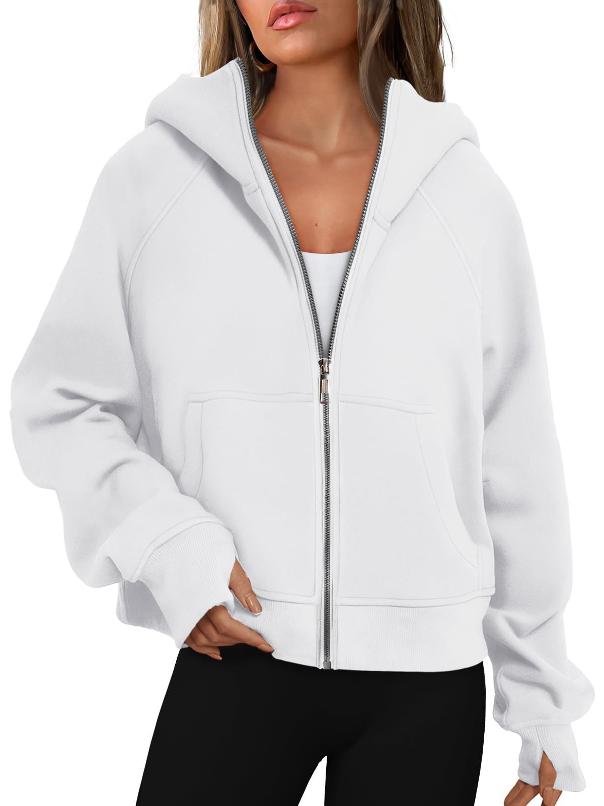 Women's Loose Zip Long Hooded Thumb Hole Brushed Women's Sweater, Sweater