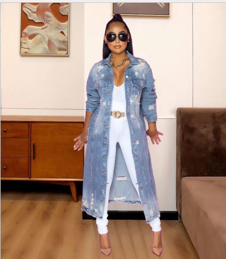 Glamorous Loose Hole Denim Long Cloak Coats