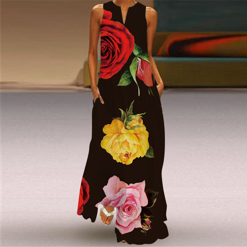 Women's Fashion Printed Sexy Pocket Maxi Dress Dresses