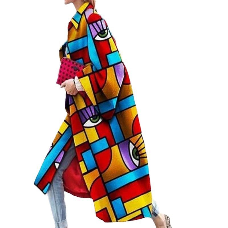 Women's Long Flared Sleeves Printed Loose Trench Coats