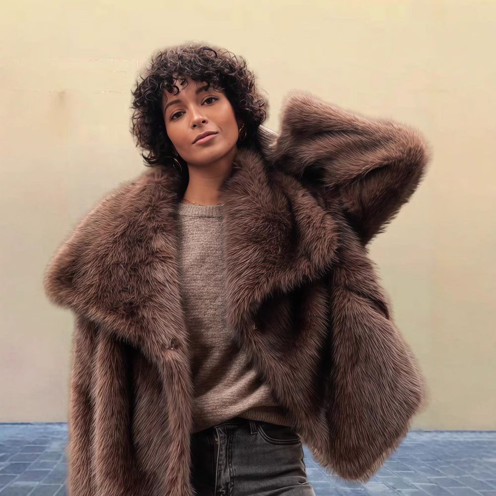 Women's Long Sleeve Furry Spring Pure Color Coats