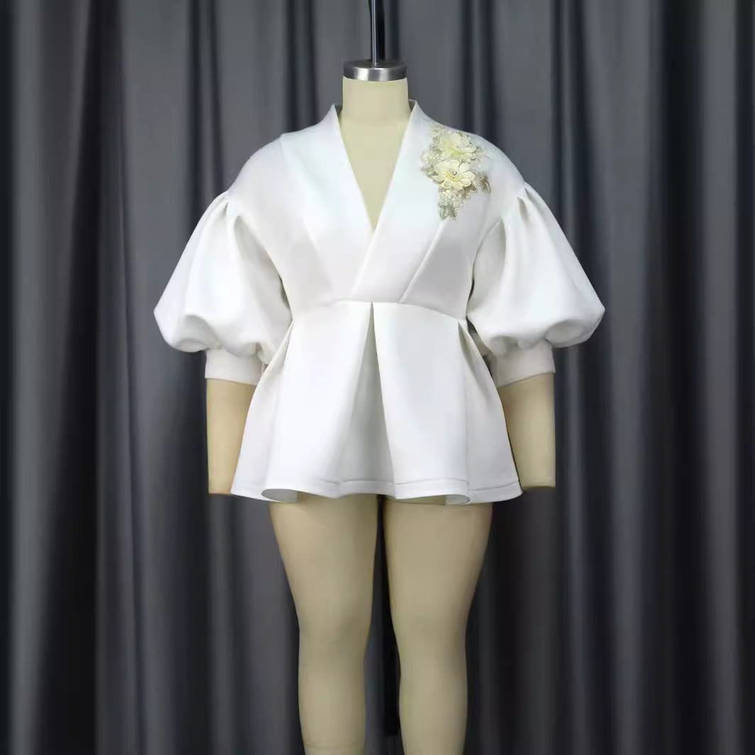 Women's Bishop Sleeves Temperament Style Collar Embroidered Blouses