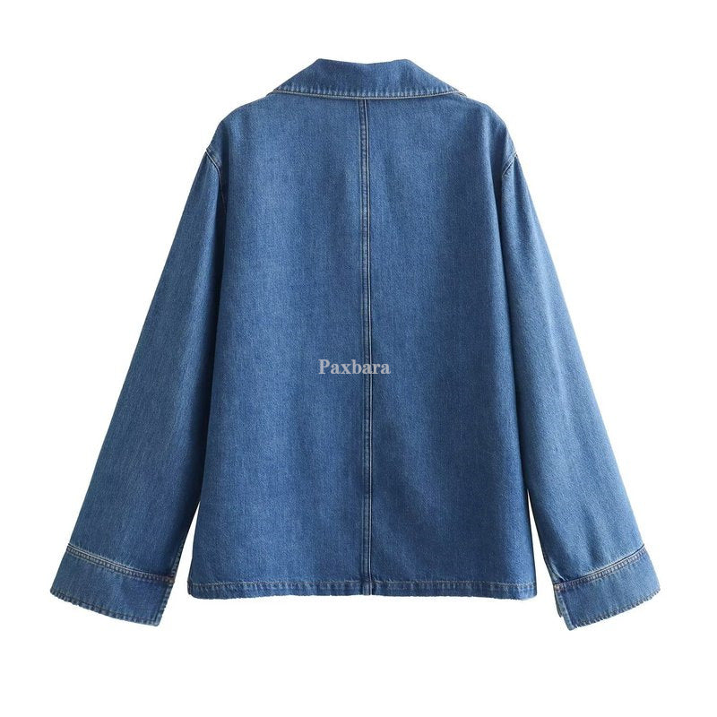Women's Spring Washed Blue Loose Long Sleeve Blouses