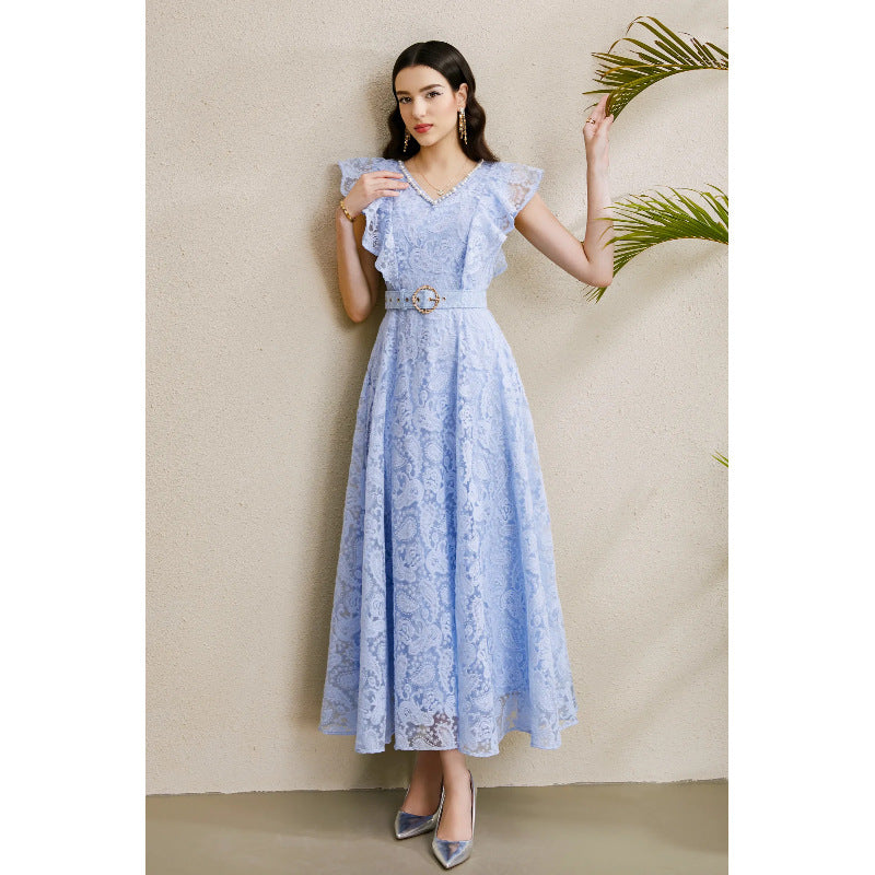 Women's Flying Sleeve Dress Mesh Embroidered Waist Dresses