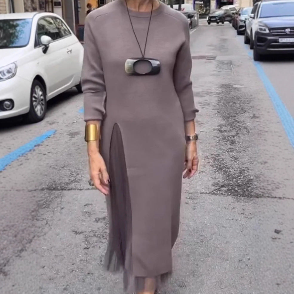 Women's Round Neck Knitted Slit Stitching Mesh Dress