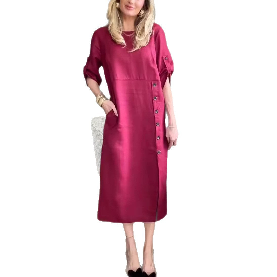 Women's Summer Style Loose Casual Solid Color Short-sleeved Cotton Dress