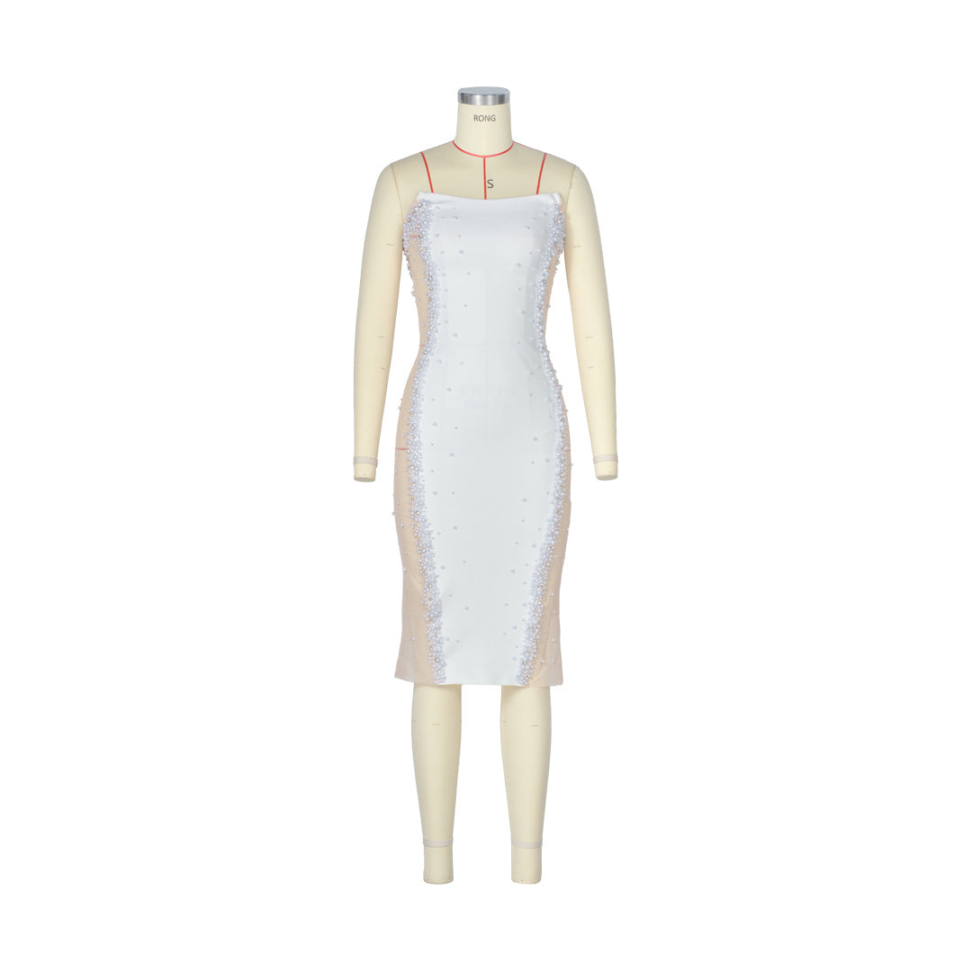 Women's Fashion Pearl Beaded Mesh Party Tube Bandage Light Dress