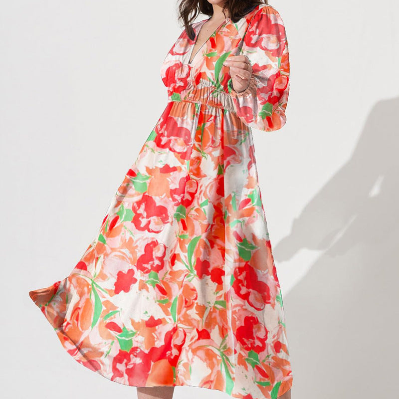 Women's Style Deep V Printed High Waist Casual Long Dresses
