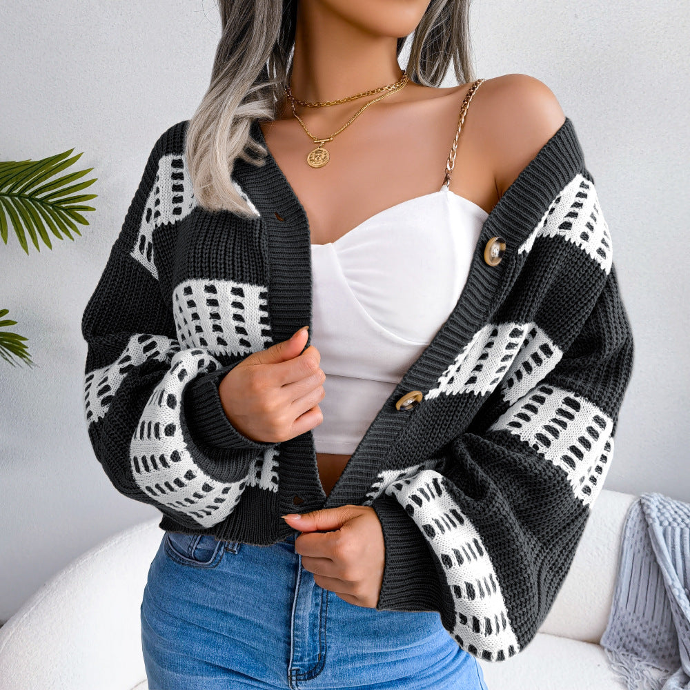 Women's Clearance Design Contrast Color Lantern Sleeve Clothing