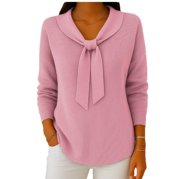 Unique Women's Knitted Bow Solid Color Tops