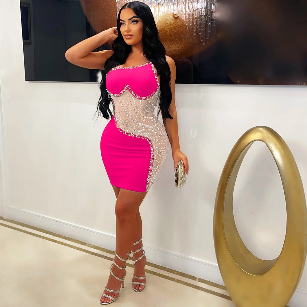 Women's Fashion Wear Pure Color Mesh Rhinestone Dress