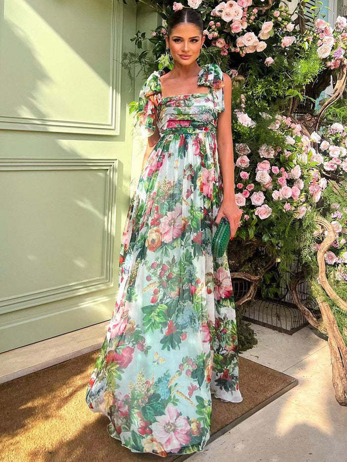 Women's Rose Print Pleated Wrapped Chest Wide Hem Strap Dresses