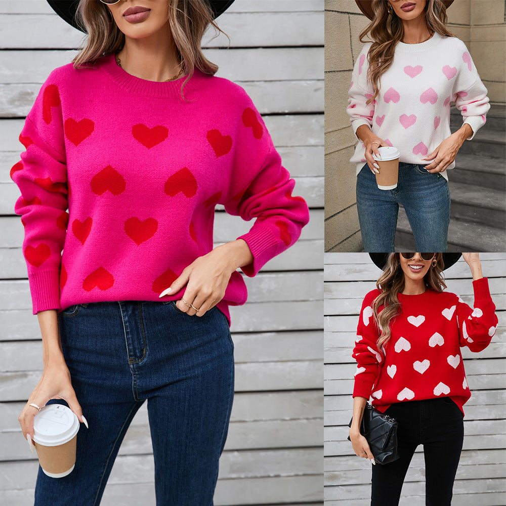 Love Valentine's Day Round Neck Pullover Peach Sweaters