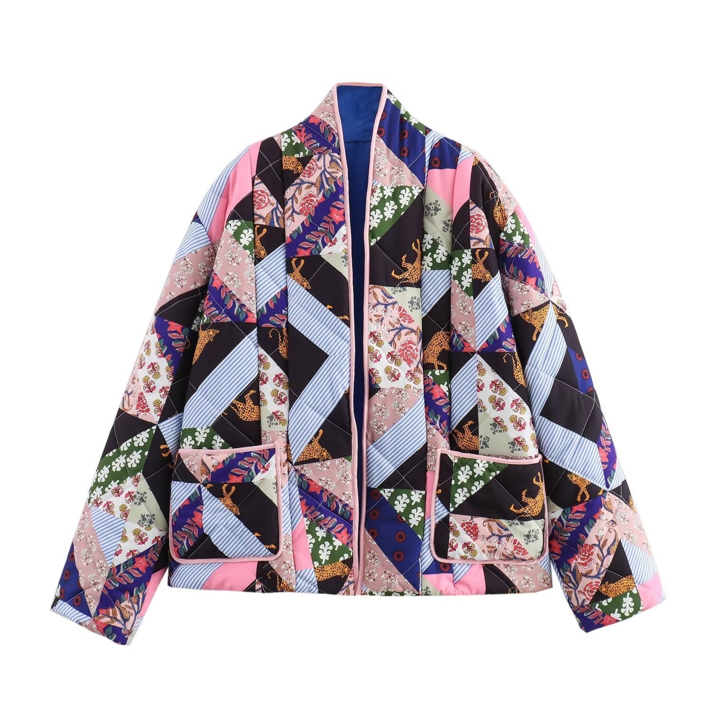 Women's Lapel Color Matching Printed Baggy Coats