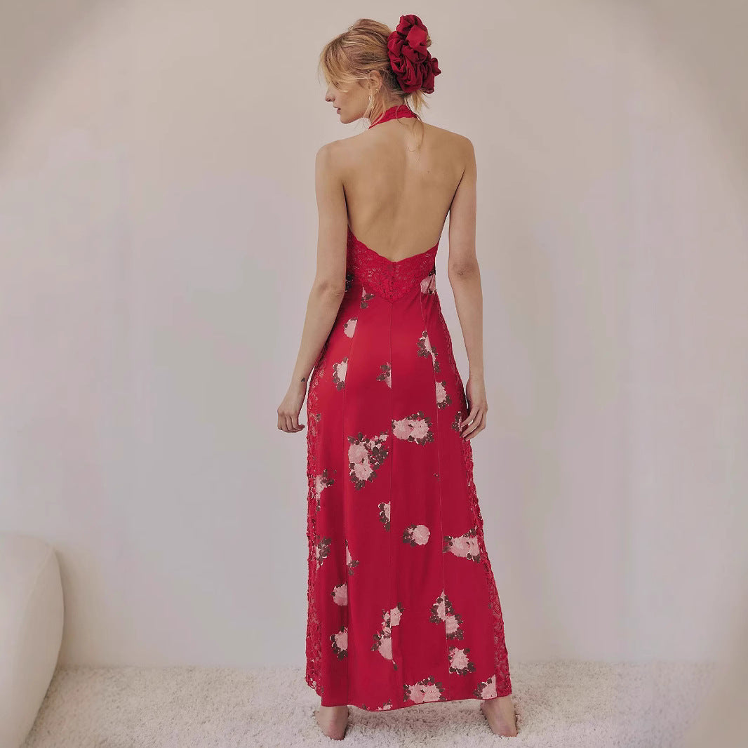 Women's Lace Backless Shoulder Strap Stitching Slit Dress