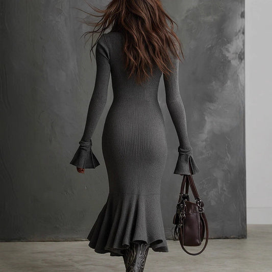 Women's Sexy Zipper Lapel Design Flared Sleeve Fishtail Dresses