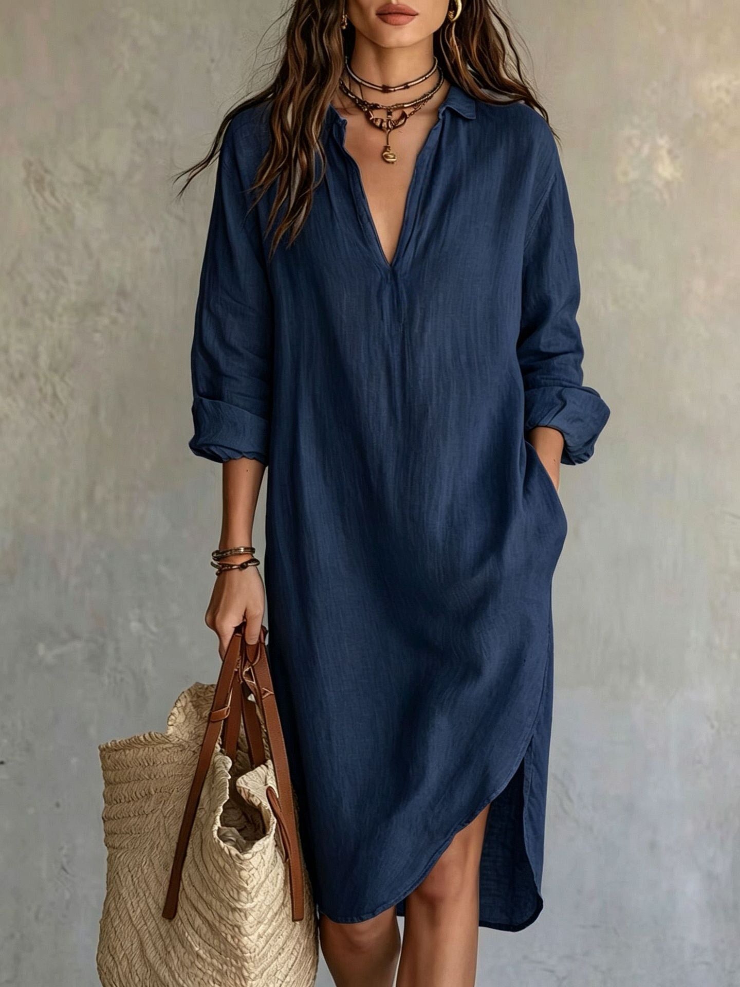 Fashion Shirt Loose Mid-length Slit Idle Style Seaside Dress