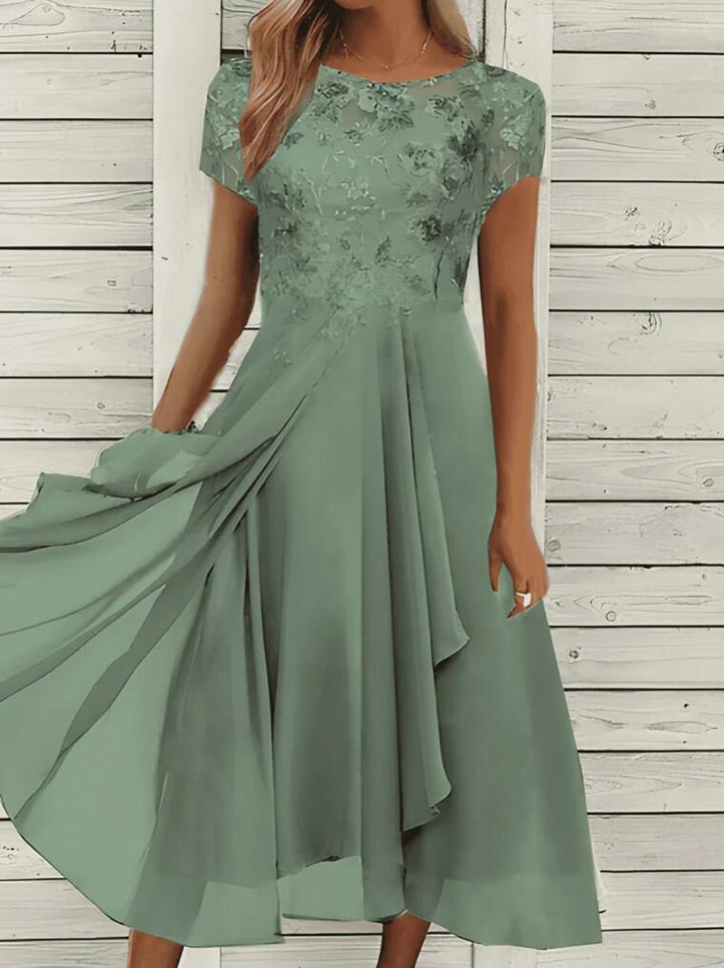 Chiffon Patchwork Round Neck Lace Long Dress