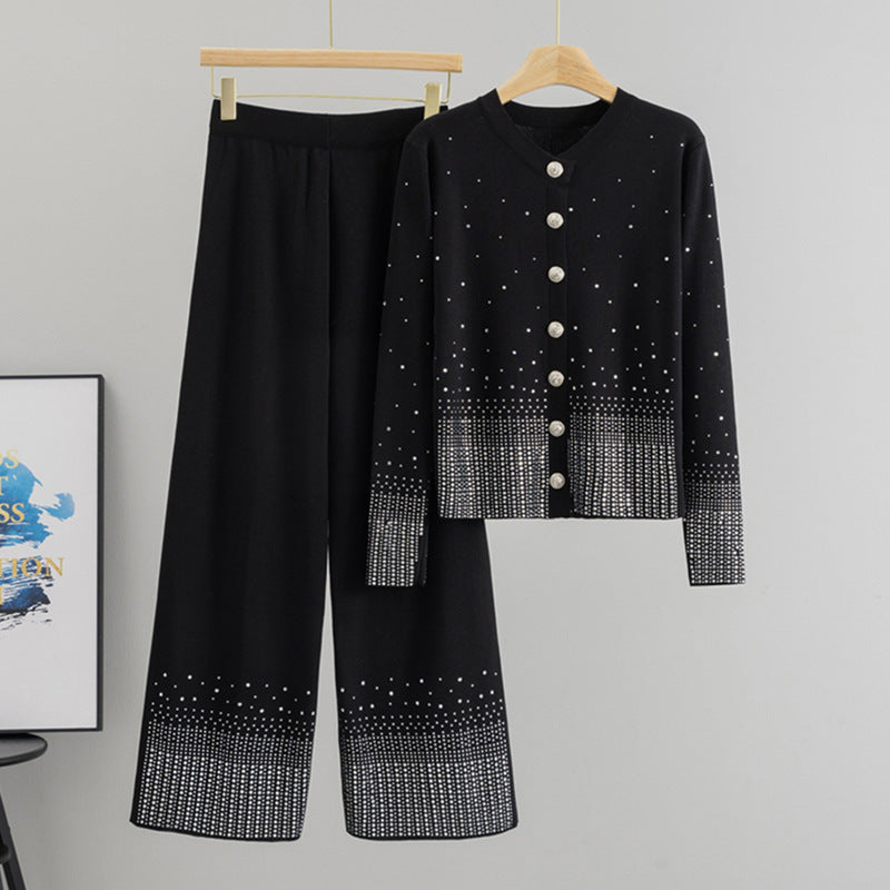 Women's Autumn Hot Rhinestone Starry Gradient Knitted Round Neck Wide Leg Suits