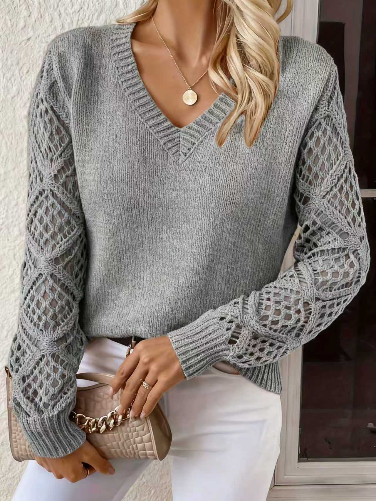 Women's Long Sleeve Hollow Out Pullover Crocheted Jacquard Loose-fitting Base Sweaters