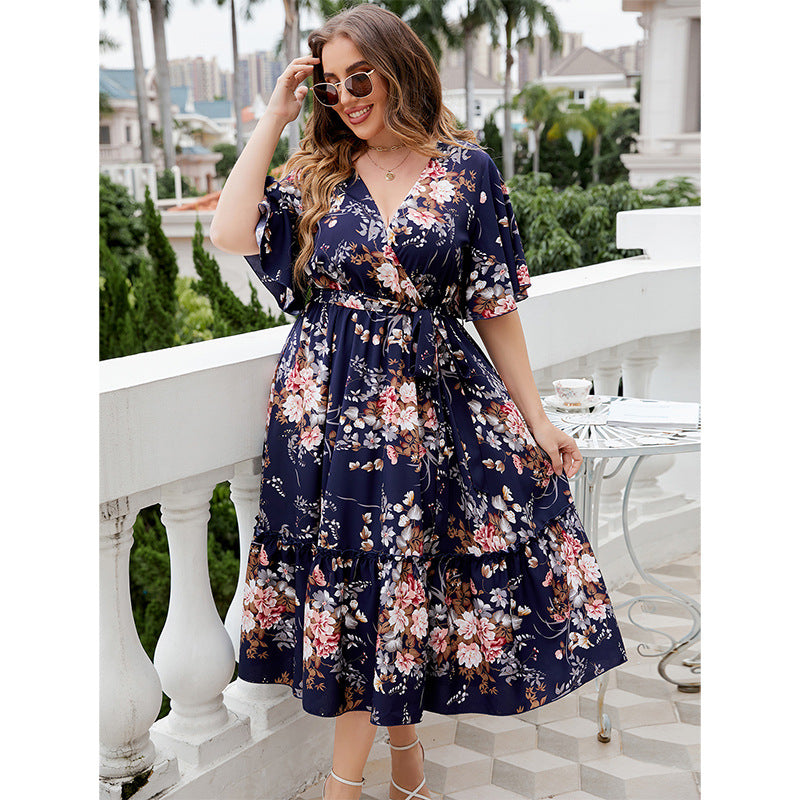 Develop Summer Dark Blue Printing Dress Plus Size