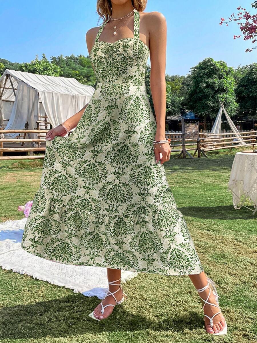 Print Sleeveless Bust Pleating Backless Waist Dresses