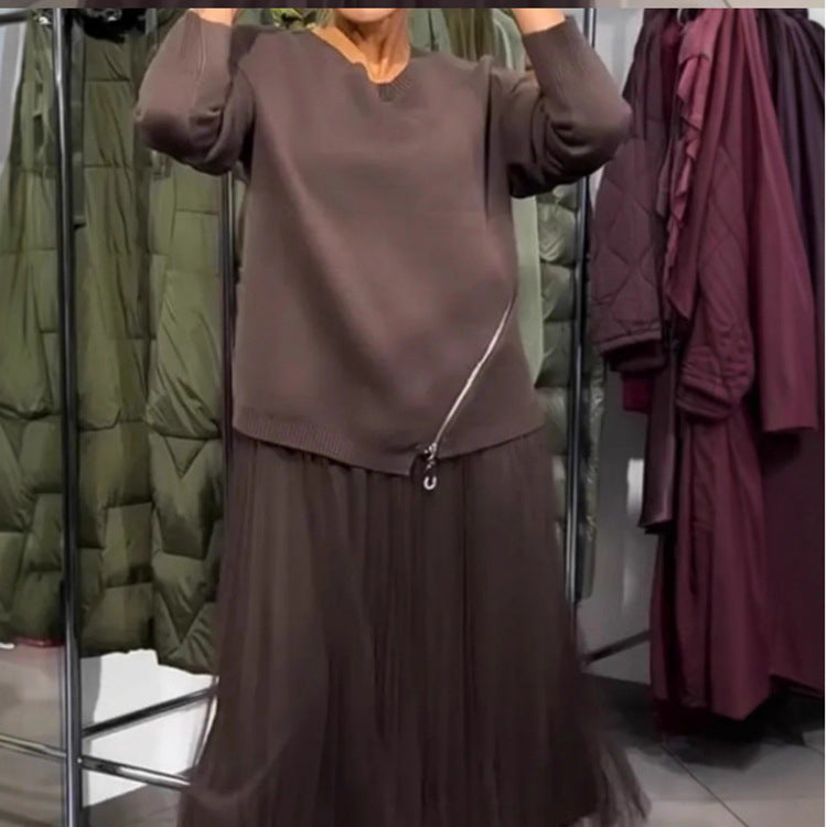 Women's Neck Knitting Needle Stitching Mesh Dress Dresses