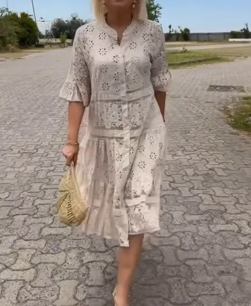 Women's Summer Solid Color Lace Button Stitching Dress