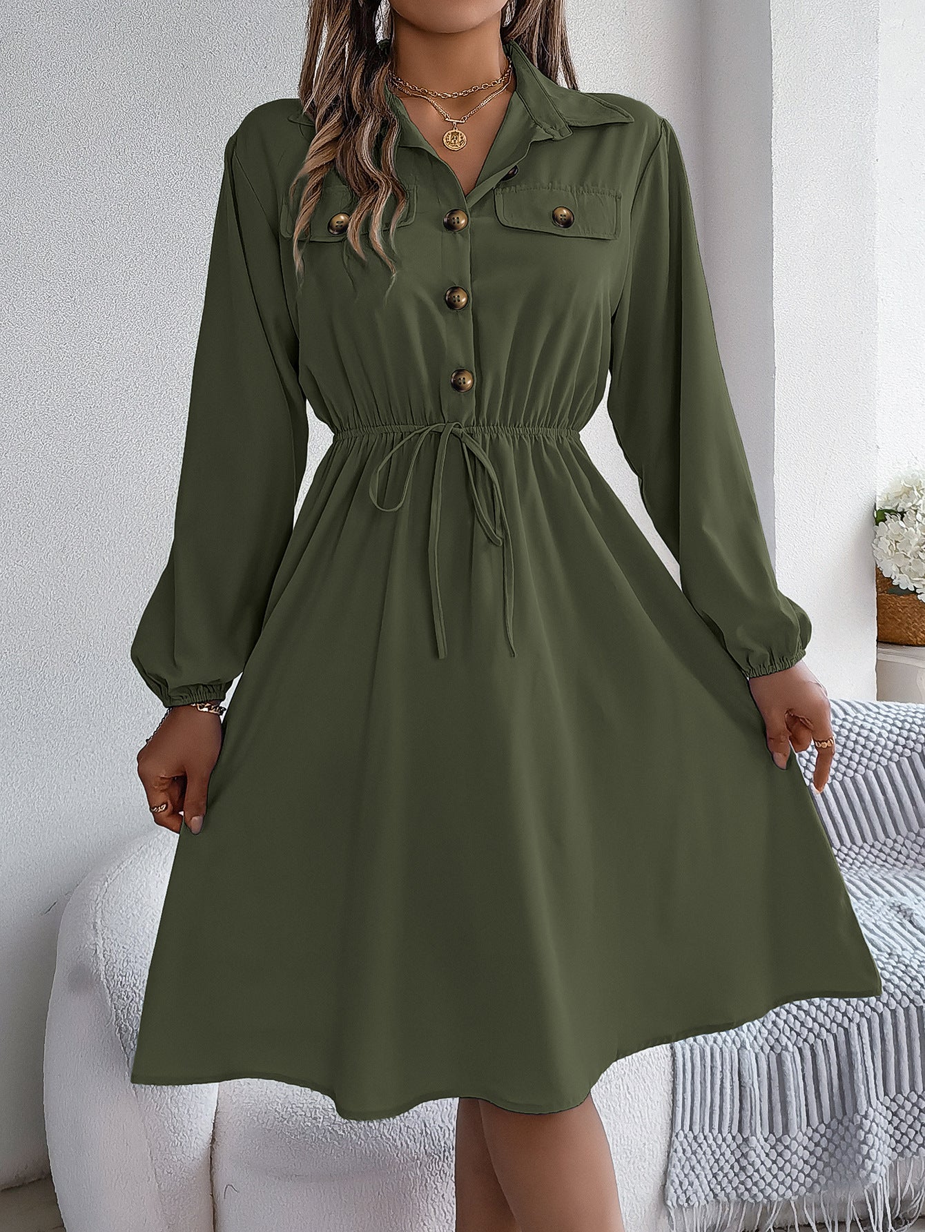 Women's Casual Button Long Sleeves Shirt Dress