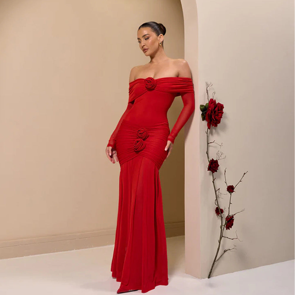 Women's Autumn Fashion Flower Decoration Sexy Pleated Dress