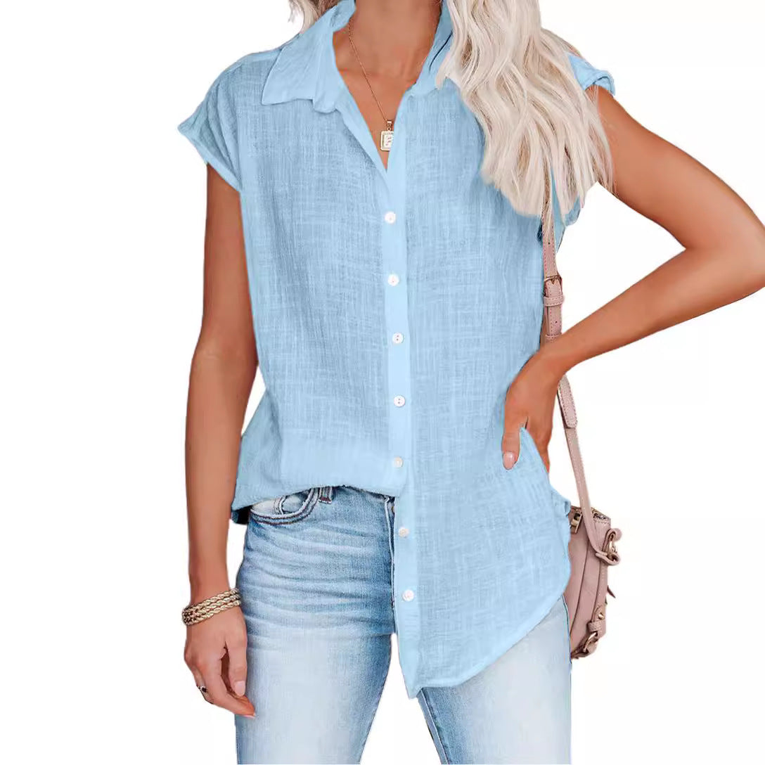 Summer Solid Color Single-breasted Lapel Shirt Blouses