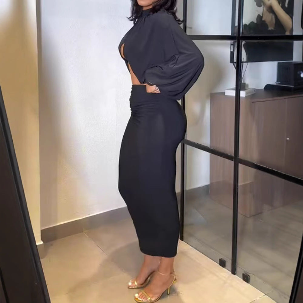 Solid Color Round Neck Sexy Slim Fit Fashion Casual Suit