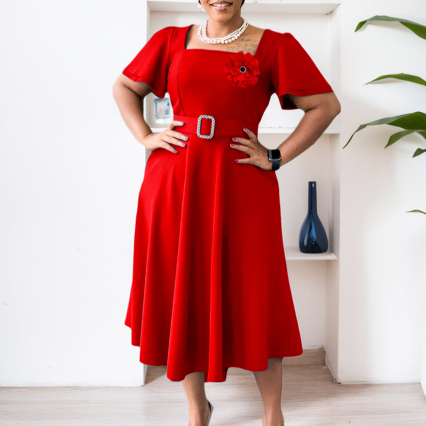 Women's Female Fashion Square Collar Solid Color Dresses