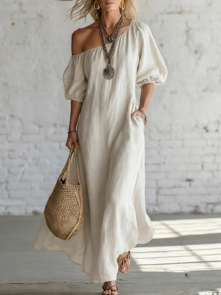 Women's Color Loose Shoulder High-grade Retro Long Cotton Dress