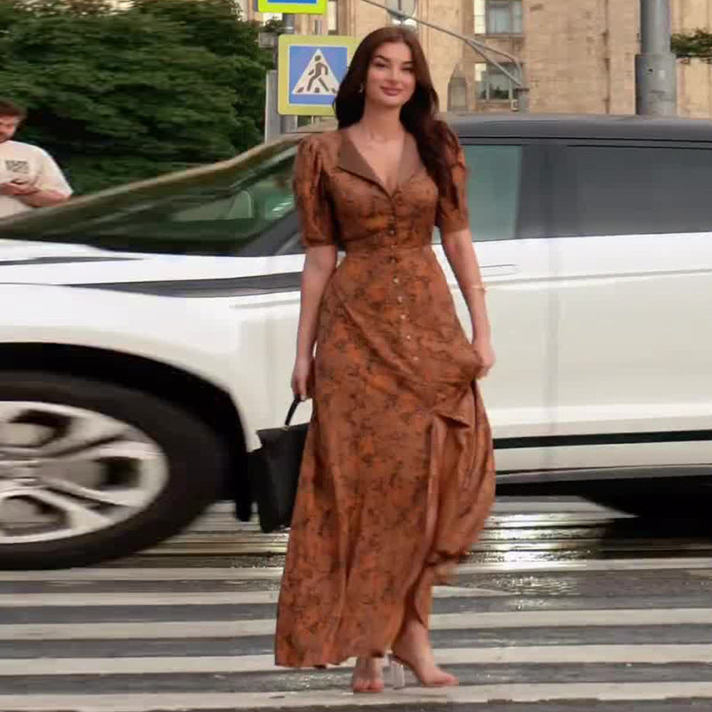 Women's Fashion Brown Printed Elegant Dress Dresses