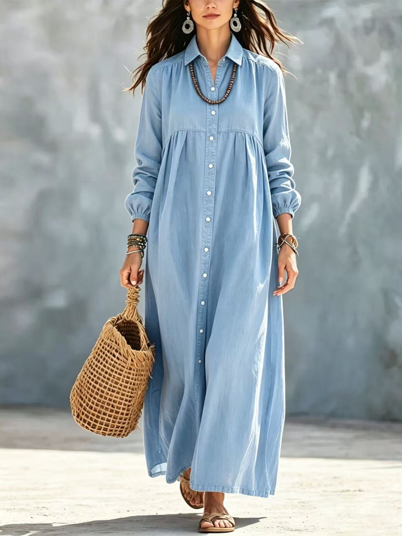 Women's Color Shirt Loose Button Lapel Casual Long Dress