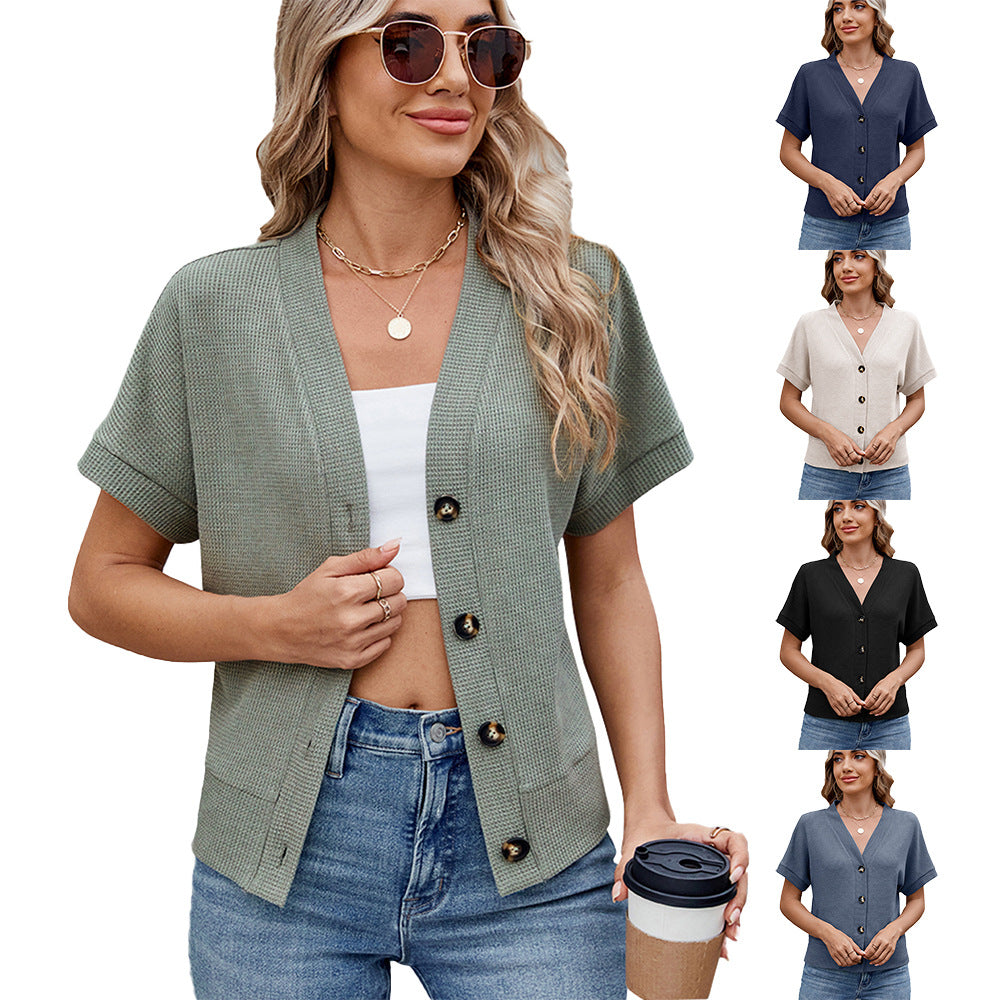 New Waffle Casual Knitted Button Sleeve Women's Sweater