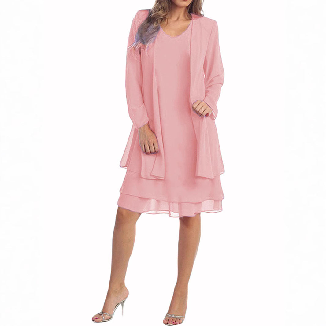 Women's Spring Chiffon Stitching Long Sleeve Mid-length Dresses