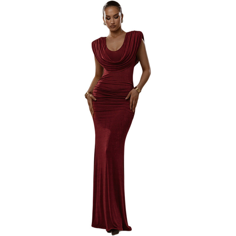 Women's Autumn Fashionable Temperament Swing Collar Elegant Fitted Waist Pleated Slim Dress