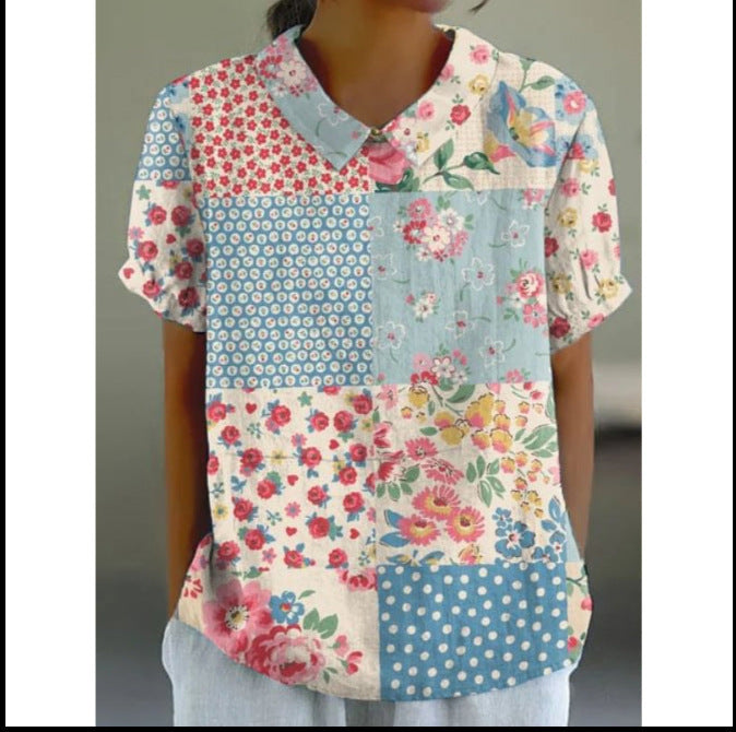 Women's Summer Loose Print Crew Neck Casual Blouses