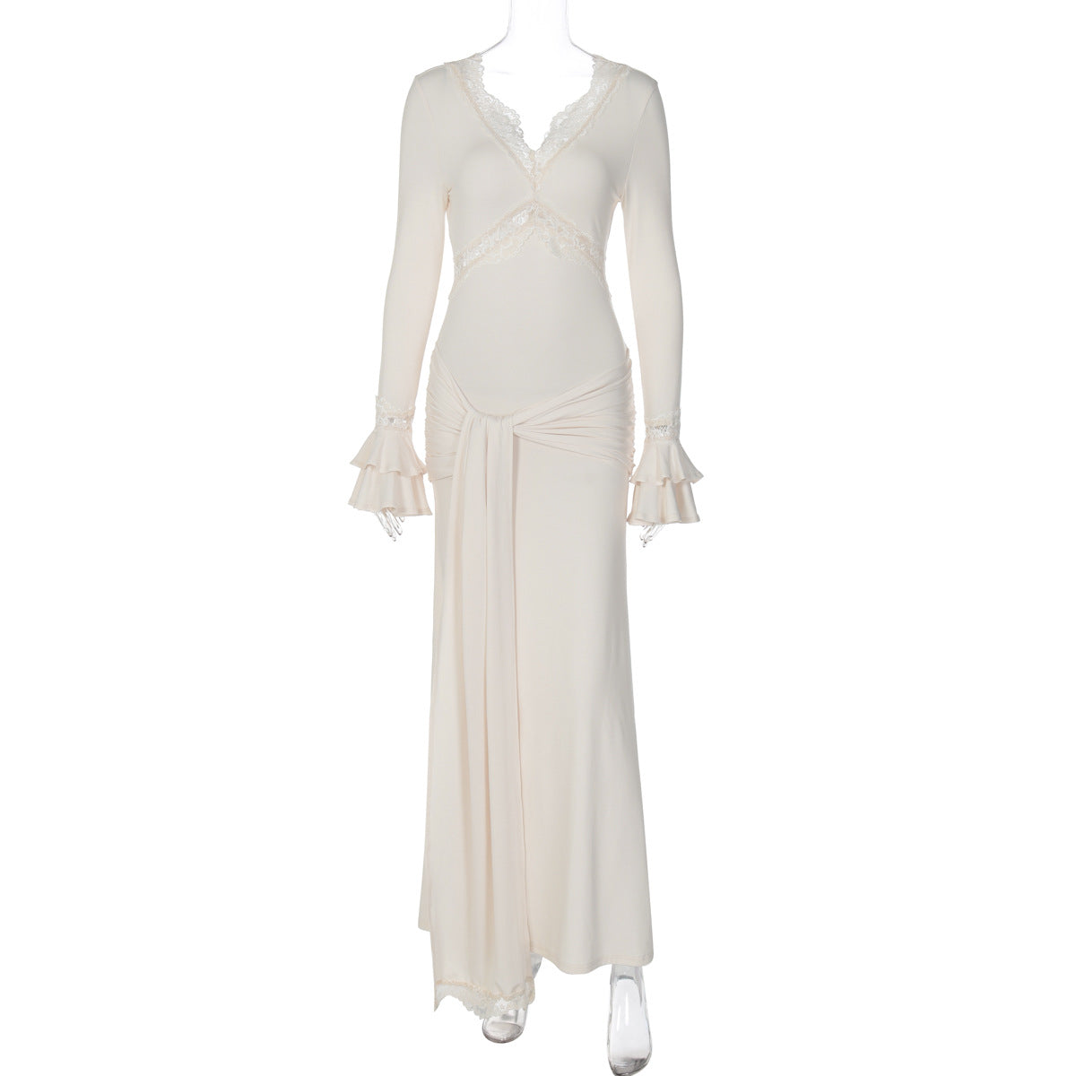 Women's Lace Trim Long Ruffle Sleeve Stitching Dresses